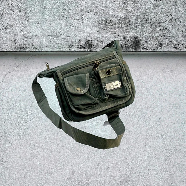 College Bag/Cross Bag, Olive Green Color, Denim Material with Belt | New Men's Leisure Crossbody Bag Multi functional Outdoor Shoulder Bag Waist Bag Fashion Small Body Bag Wearing Belt Hanging Bag