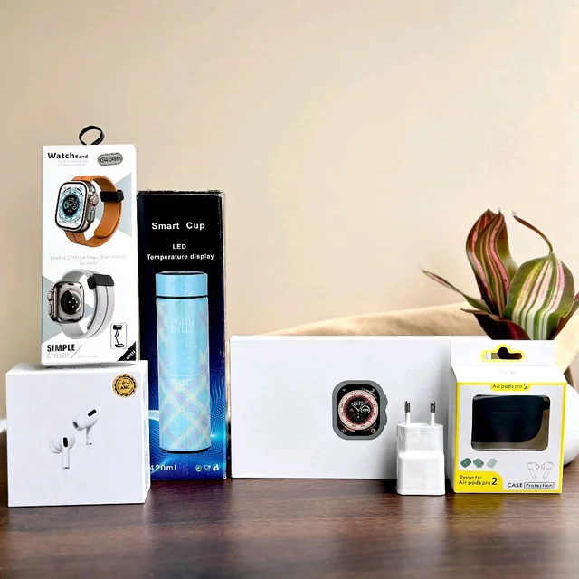 Most Awaited Budget Combo | Series 8 Ultra Smartwatch, Air Pro 2 USA Quality, Temperature Showing Bottle, Magnetic Strap, Adapter With Silicon Pouch