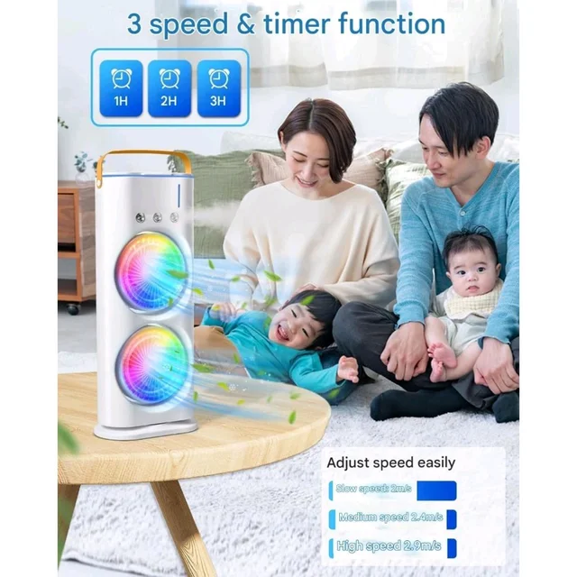 Cold Air Fan, 2025 New 3 Gears USB Rechargeable Oscillating fan with LED Light Cooler Fan, Touch & Remote Control, 280ml Water Tank, Ice Filling Fan (White)