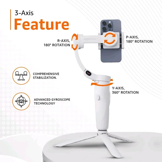 Foldable 3-Axis Gimbal Stabilizer | Advanced Gyroscope | Shake-Free Footage | Object Tracking | Panoramic, Time-Lapse & Slow-Motion | 2500mAh Battery | Ideal for Vlogging & Travel