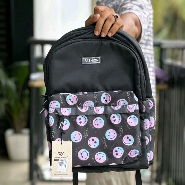 Wolfric Trendy Emoji Print Backpack – Lightweight & Stylish for School, College & Daily Use - SRB2