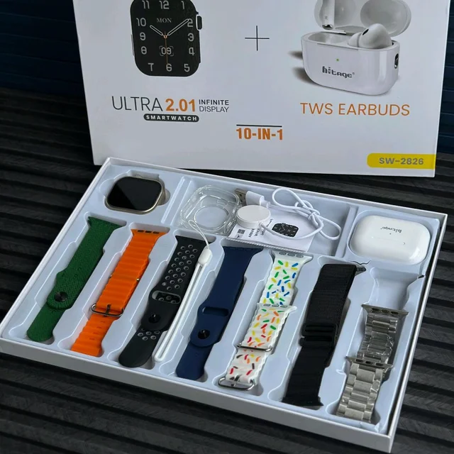 Hitage 10-in-1 Smartwatch Combo with TWS Earbuds – Ultra 2.01 Display, 7 Straps, Fast Wireless Charging, Health Tracker, Bluetooth Calling