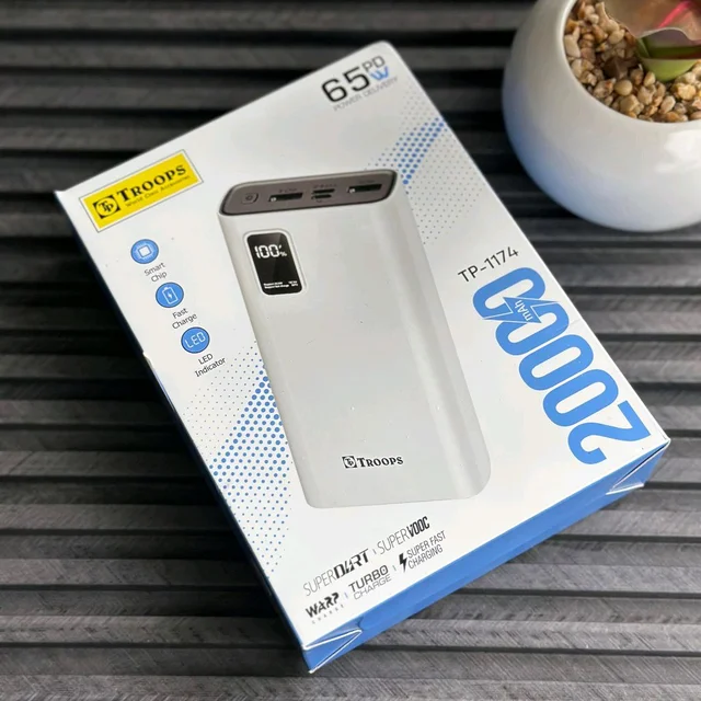 Troops PD65W 20000mAh Fast Charging Power Bank | Dual USB + Type-C Output | Digital Display | Compatible with All Devices - White