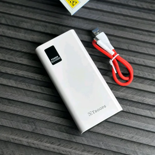 Troops PD65W 20000mAh Fast Charging Power Bank | Dual USB + Type-C Output | Digital Display | Compatible with All Devices - White