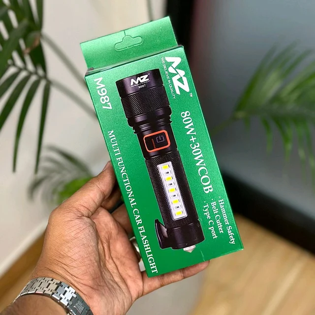 MZ M987 Multi-Functional Car Flashlight | 80W+30W COB LED | Rechargeable | Safety Hammer | Belt Cutter | Zoom Torch | Waterproof | Impact Resistant