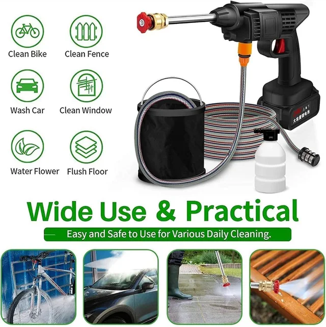ALF Cordless High-Pressure Car Washer Gun Kit- Portable Rechargeable Electric Cleaning Tool with Water Gun, Foam Cannon, 2 Batteries