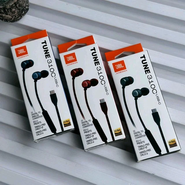 (Original) JBL Tune 310 Wired in-Ear Type C Headphones, Hi-Res Audio with Digital-to-Analog Converter, 3-Button EQ Preset Remote with Microphone, Tangle-Free Flat Cable, Compatible with USB-C Devices - Red