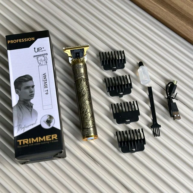 Vintage T9 Hair & Beard Trimmer | Rechargeable | Metal Body | USB Charging | 4 Guide Combs