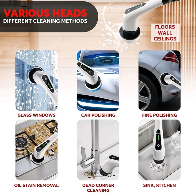 7-in-1 Electric Spin Scrubber Cleaning Brush with Extension Handle – Cordless Rechargeable Power Scrubber (1 Set / 25W)