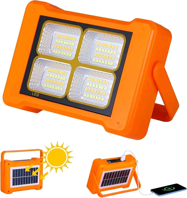 Solar LED Floodlight with Built-in Power Bank, 4-Grid Ultra Bright Panels, IP66 Waterproof, Ideal for Outdoor Lighting, Garage, and Storefronts