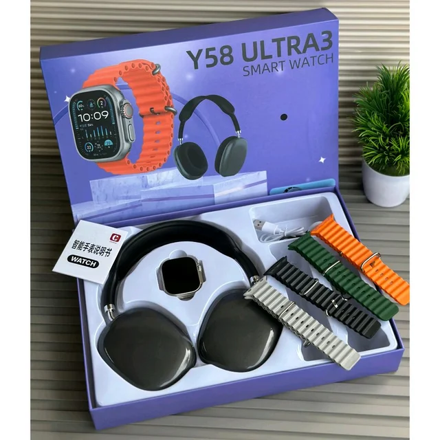 Y58 Ultra3 HD Smartwatch + Wireless Headphones Combo | 4 Changeable Straps | Customized Watch Face | Magnetic Charging - Black