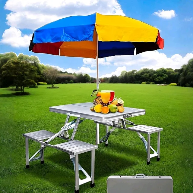 Portable 4-Seater Foldable Picnic Table with Umbrella | Outdoor Camping, Garden & Travel Use