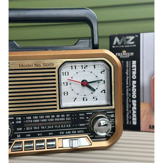 MZ S669 Retro Radio Speaker | AM/FM/SW 3 Band | Classic Clock + USB/TF/Rechargeable