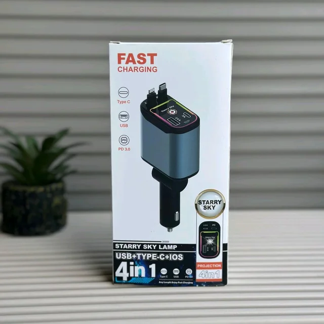 4 in 1 Starry Sky Car Charger – Fast Charging + Ambient Light Projector (Type-C, iOS, USB, PD 3.0)