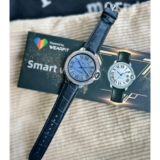 Elegant Round Smartwatch for Women – Roman Dial, Crystal Bezel, Bluetooth Calling & Health Tracking