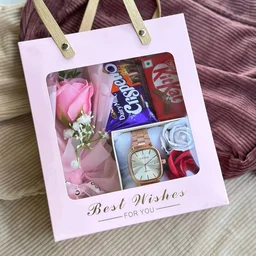 Premium Gift Hamper Bag with Watch, Chocolates & Flowers | Best Wishes Ready-to-Gift Combo Box