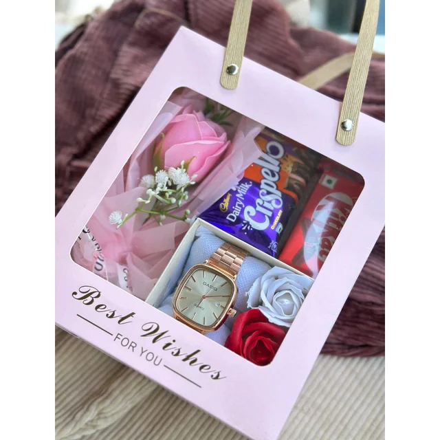 Premium Gift Hamper Bag with Watch, Chocolates & Flowers | Best Wishes Ready-to-Gift Combo Box