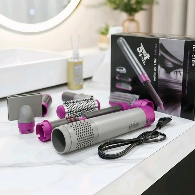 5 in 1 Hot Air Styler | Hair Dryer Brush with Curling & Straightening Attachments