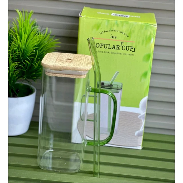 Glass Juice Cup with Bamboo Lid & Glass Straw, 450ml Clear Drinking Mug with Handle, Reusable Smoothie & Iced Coffee Cup for Juice, Milk, Tea and Cold Drinks
- Set of 3