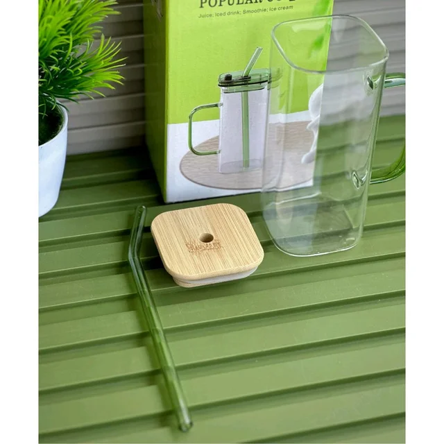 Glass Juice Cup with Bamboo Lid & Glass Straw, 450ml Clear Drinking Mug with Handle, Reusable Smoothie & Iced Coffee Cup for Juice, Milk, Tea and Cold Drinks
- Set of 3