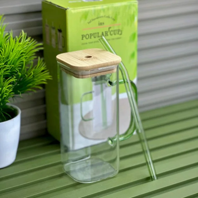Glass Juice Cup with Bamboo Lid & Glass Straw, 450ml Clear Drinking Mug with Handle, Reusable Smoothie & Iced Coffee Cup for Juice, Milk, Tea and Cold Drinks
- Set of 3