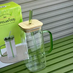 Glass Juice Cup with Bamboo Lid & Glass Straw, 450ml Clear Drinking Mug with Handle, Reusable Smoothie & Iced Coffee Cup for Juice, Milk, Tea and Cold Drinks
- Set of 3