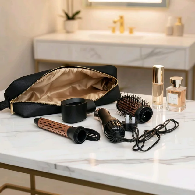 DENX 3-in-1 Hair Dryer Brush Set | Hot Air Styling Brush with Volumizer & Curling Attachment | 360° Swivel Cord | Salon Style at Home