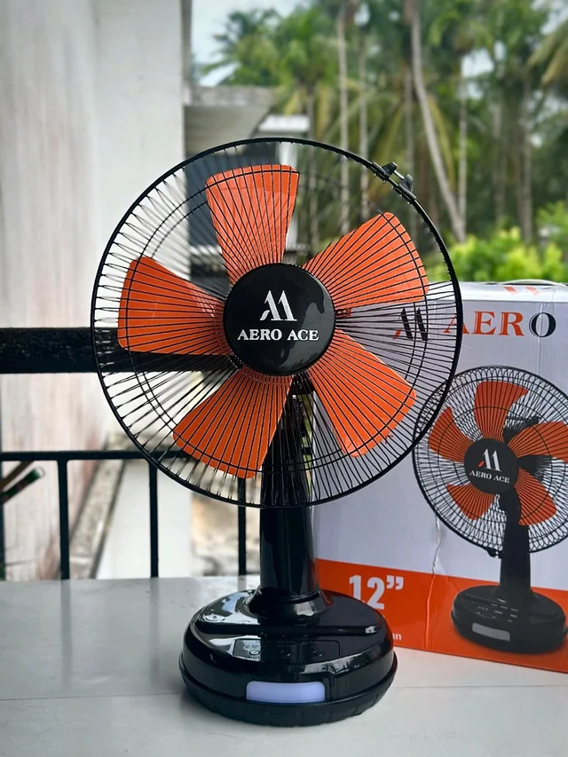 Rechargeable High-Speed Table Fan (12” with LED Light) Power Backup • Strong Airflow • Multi-Use