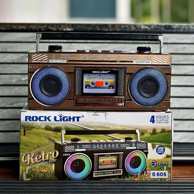 Rock Light Retro Wireless Speaker with FM Radio, RGB Lights & USB/TF Support – Portable Vintage Music Player with Rechargeable Battery
