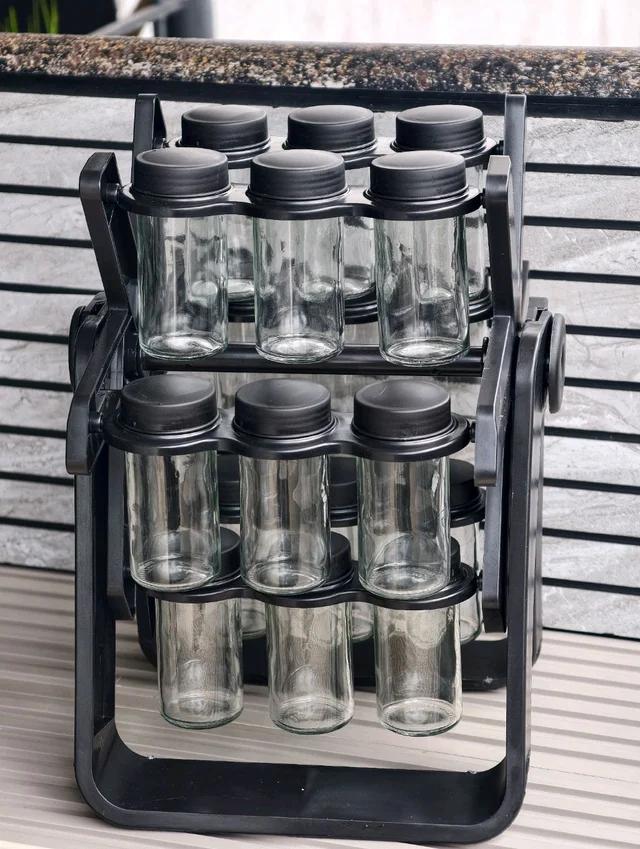 18-Jar Rotating Spice Rack Organizer with Glass Jars & Airtight Lids
