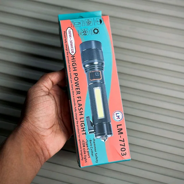 Rechargeable High Power LED Flashlight LM-7703 with COB Side Light & Safety Hammer