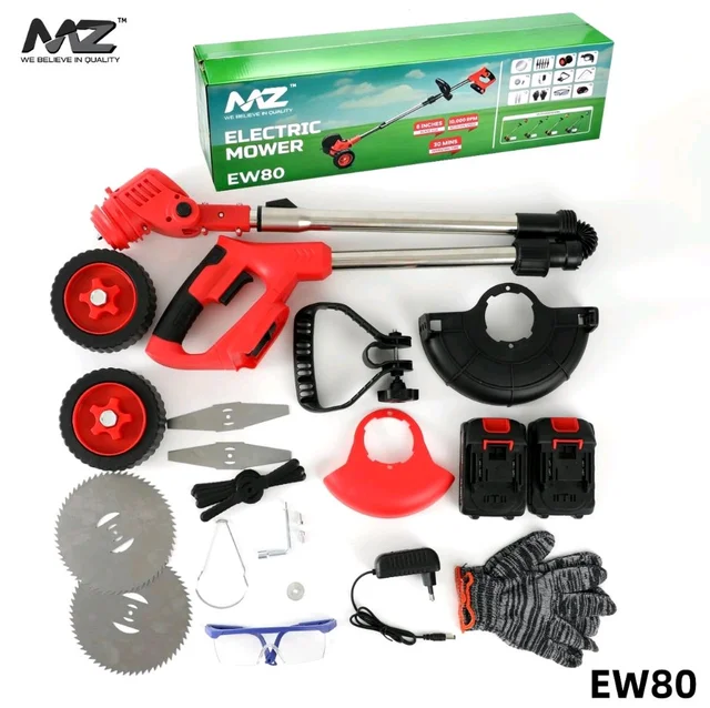 MZ EW80 Cordless Electric Grass Trimmer & Lawn Mower Kit with Dual Battery, Multiple Blades, Wheels, Safety Glasses & Gloves for Garden and Lawn Maintenance