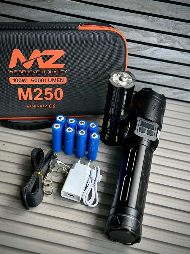 MZ M250 High-Power Tactical Flashlight Kit – 100W, 6000 Lumens, Rechargeable