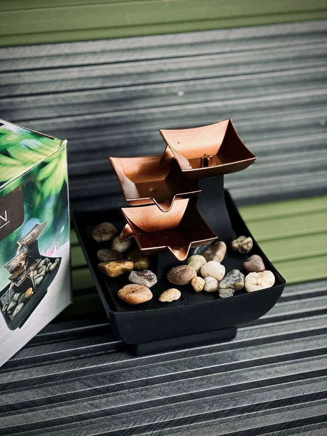 Multi-Tiered Tabletop Accent Fountains with Integrated LED Lights & Decorative Stones - Model 2