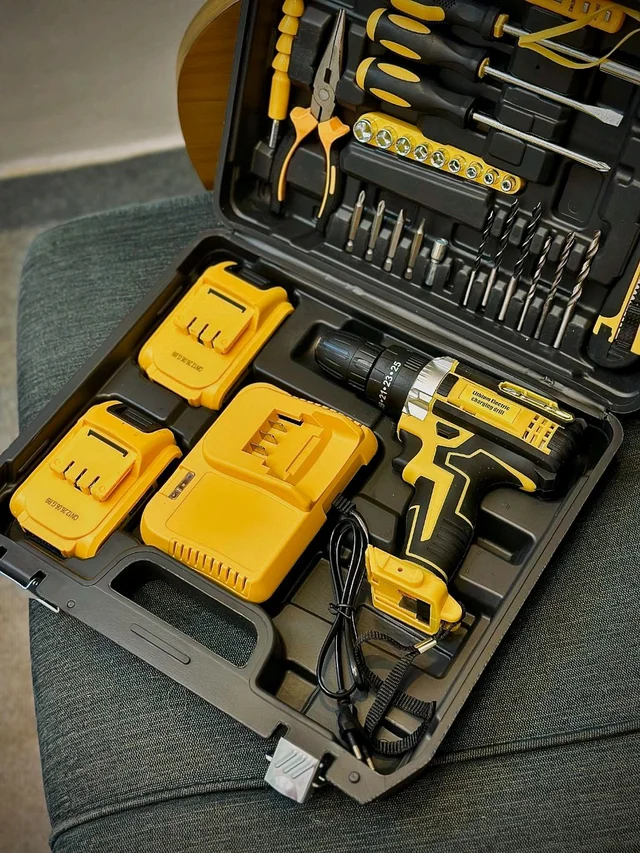 Rechargeable Cordless Drill Set with Dual Batteries, Drill Bits & Hand Tools