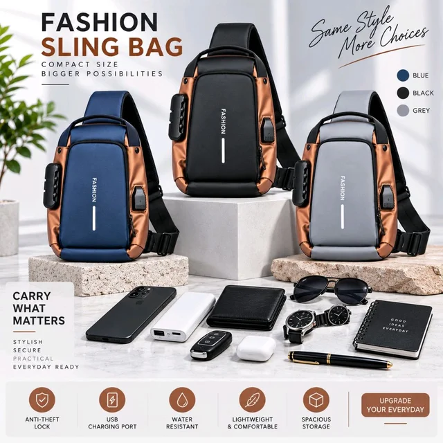 Anti-Theft Crossbody Sling Bag (Water-Resistant) Secure • Minimal • Everyday Carry - Blue