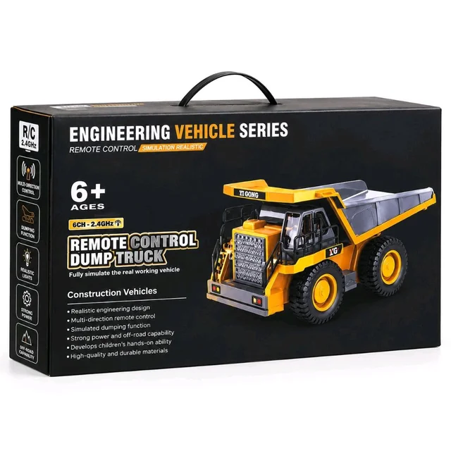 YI GONG 2.4GHz 6CH RC Dump Truck Toy, Full Function Remote Control Construction Heavy-Duty Vehicle with Lights & Working Bed, Off-Road Toy for Kids Ages 6+