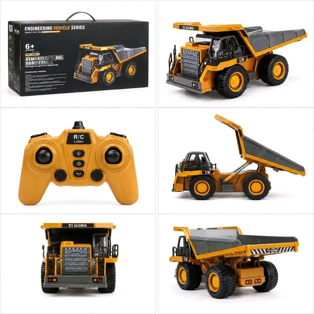 YI GONG 2.4GHz 6CH RC Dump Truck Toy, Full Function Remote Control Construction Heavy-Duty Vehicle with Lights & Working Bed, Off-Road Toy for Kids Ages 6+