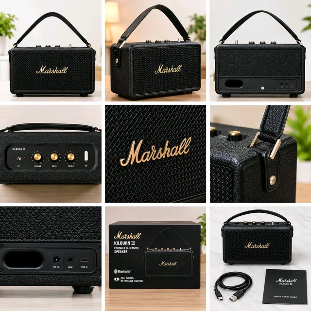Kllburn III Portable Speaker (360° Stereophonic Sound, 20+ Hours Battery, IP Ratings) – Cream/Gold - Black