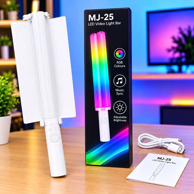 MJ-25 Portable LED Video Light Bar – RGB Full Color Handheld Light Wand with Music Sync & Barn Doors