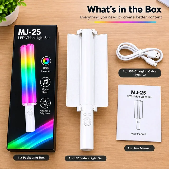MJ-25 Portable LED Video Light Bar – RGB Full Color Handheld Light Wand with Music Sync & Barn Doors