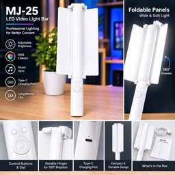 MJ-25 Portable LED Video Light Bar – RGB Full Color Handheld Light Wand with Music Sync & Barn Doors