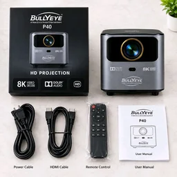 BULLYEYE P40 Smart Home Theater Projector – 8K Decode, Dolby Audio, HD Resolution (Includes Cables & Remote)