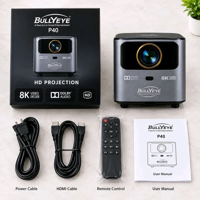 BULLYEYE P40 Smart Home Theater Projector – 8K Decode, Dolby Audio, HD Resolution (Includes Cables & Remote)