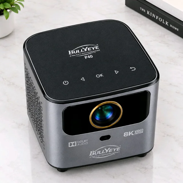 BULLYEYE P40 Smart Home Theater Projector – 8K Decode, Dolby Audio, HD Resolution (Includes Cables & Remote)