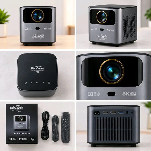 BULLYEYE P40 Smart Home Theater Projector – 8K Decode, Dolby Audio, HD Resolution (Includes Cables & Remote)