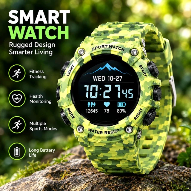 G-SHOCK Rugged Camouflage Smart Watch – Digital Display, Fitness Tracking & Outdoor Features