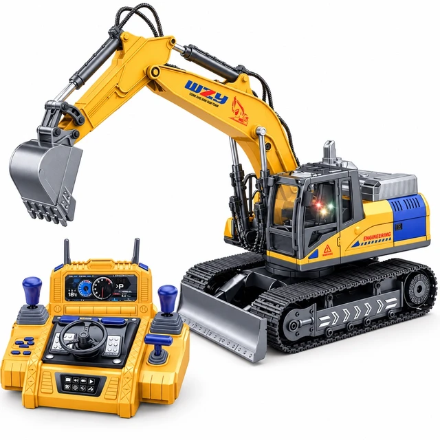Rc Excavator With 15 Channels, Metal Shovel, Mist Spray Smoke System, Real Sounds And Lights , Large Rc Console And Rechargable Battery