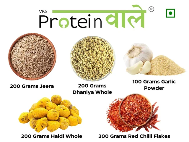 ProteinWaale Premium Spices - 200 gm Jeera, 200 gm Dhaniya Whole, 200 gm Haldi Whole, 200 gm Red Chilli Flakes, 100 gm Garlic Powder