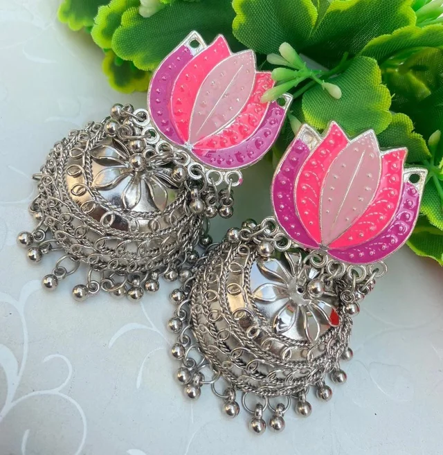 Hamari Queen Pink Lotus Design Colorful Oxidized Silver Plated Jumkhas